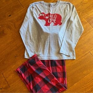 North Pole Kids Unisex Christmas PJ Set M (10/12) Grey Top Red Black Plaid Pants